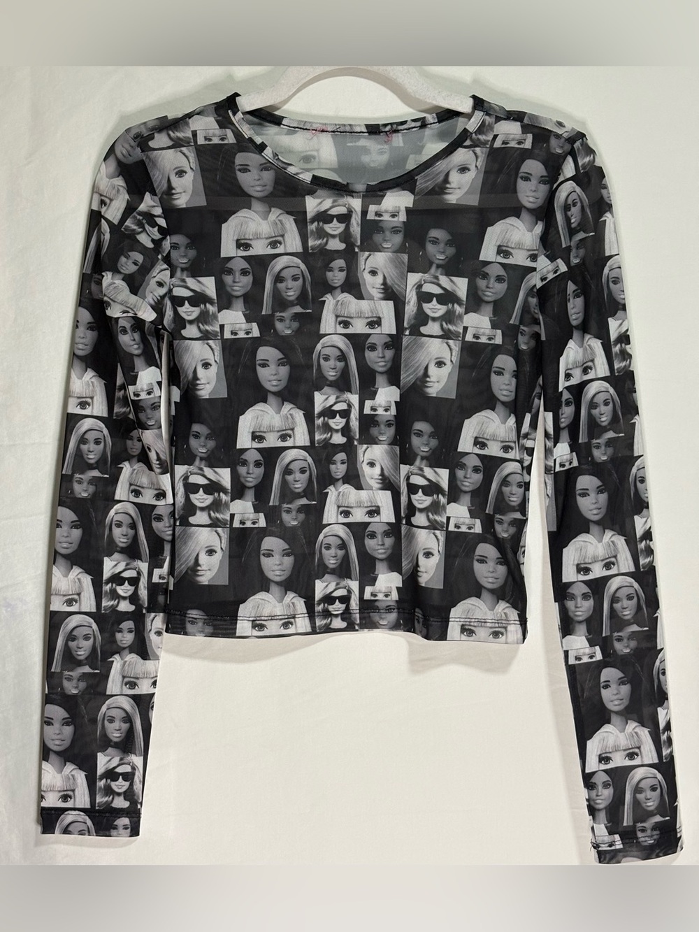 Barbie Sheer Mesh Black & White Doll Face Long Sleeve Crop Top
